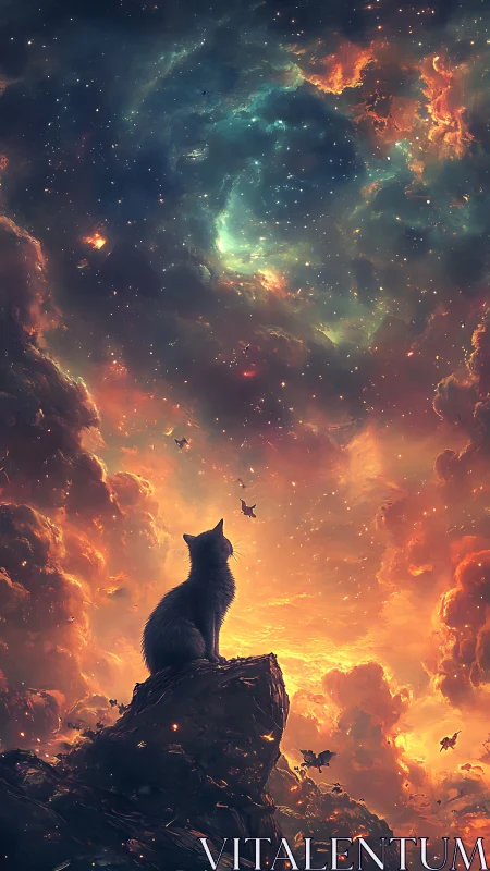 Cat silhouette occupies rocky foreground beneath dense nebula sky