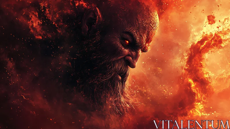 Fiery demonic bearded face emerging from swirling flames.