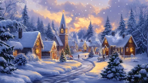 Snow-laden village street under golden winter sunset glow.