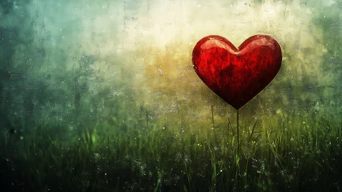 Red Heart Suspended Above Dewy Grass at Dawn