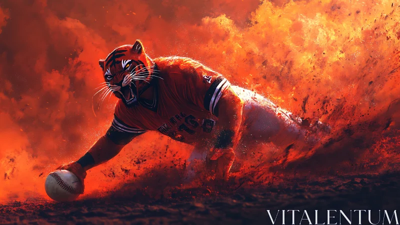 Anthropomorphic tiger baseman slides through erupting orange dust