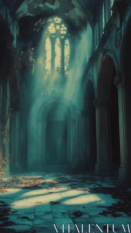 Ethereal sunbeams in a decaying gothic cathedral interior.