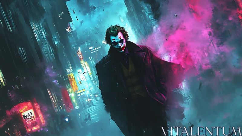 Mysterious clown figure strolling through neon city haze.