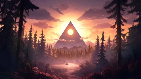 Mystic forest pyramid frames blazing celestial sunset
