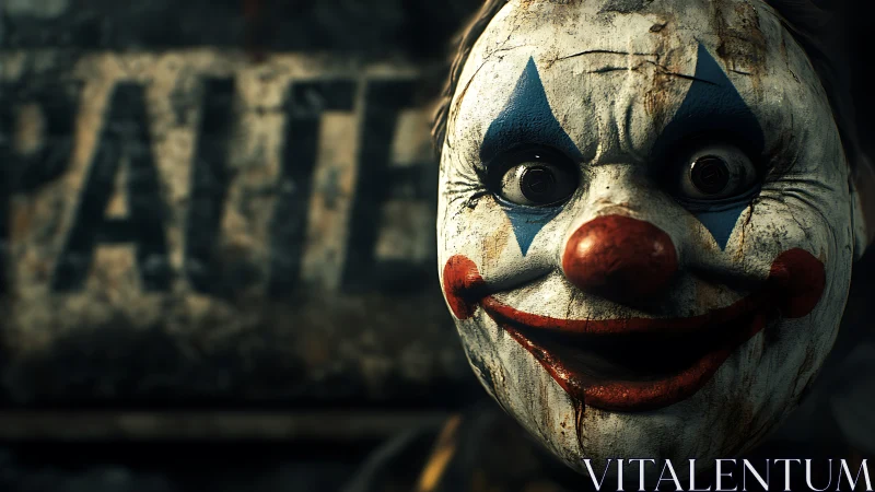 Grinning clown mask in moody, cinematic close-up portrait.