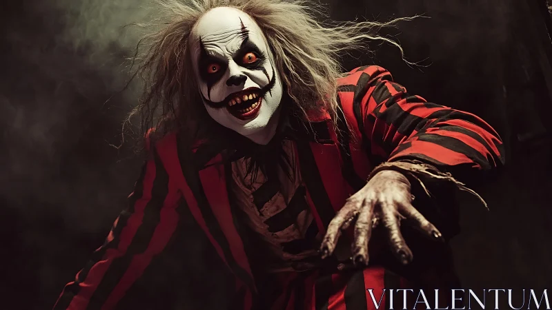 Terrifying striped-suit clown lunges forward in smoky darkness