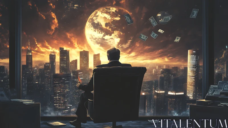 Wealth-obsessed tycoon watching burning lunar skyline at dusk.