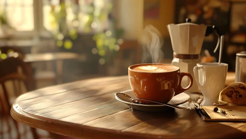Steaming latte in brown cup on sunny wooden caf&eacute; table.