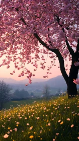 Cherry blossom hillside frames a luminous spring valley at dusk