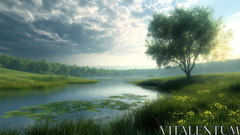 Serene lakeside meadow under dramatic morning sky.