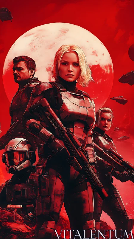 Fearless space squad standing united beneath red moon.