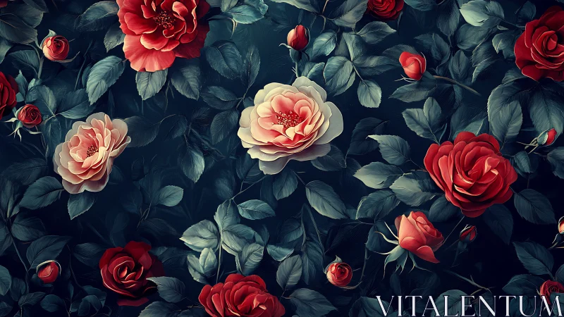 Layered Rose Specimens Against Teal Foliage Matrix.