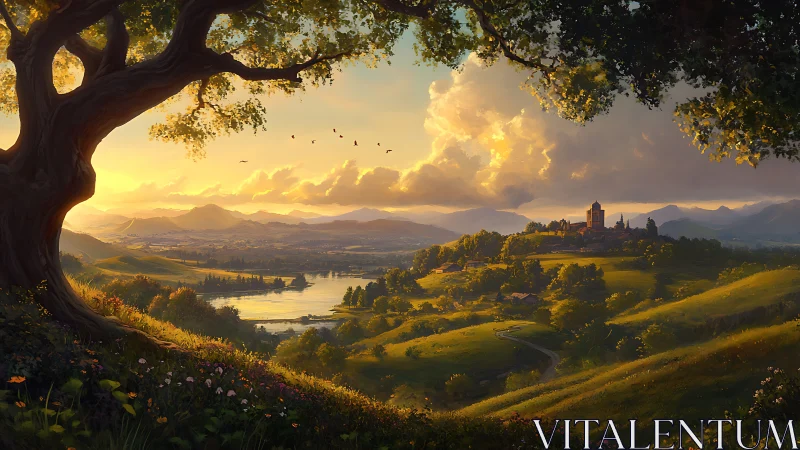 Golden sunset over a tranquil hillside town and river valley