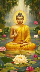 Serene Buddha meditation amid luminous lotus pond waters.