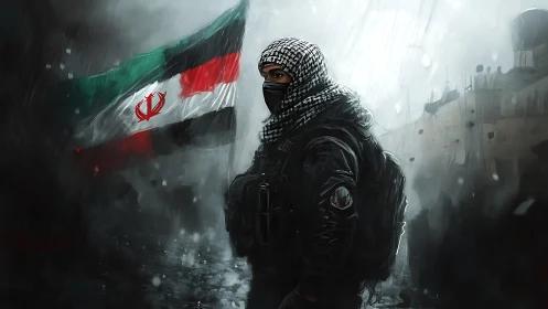 Militant figure stands in stormy urban ruins with flag raised.