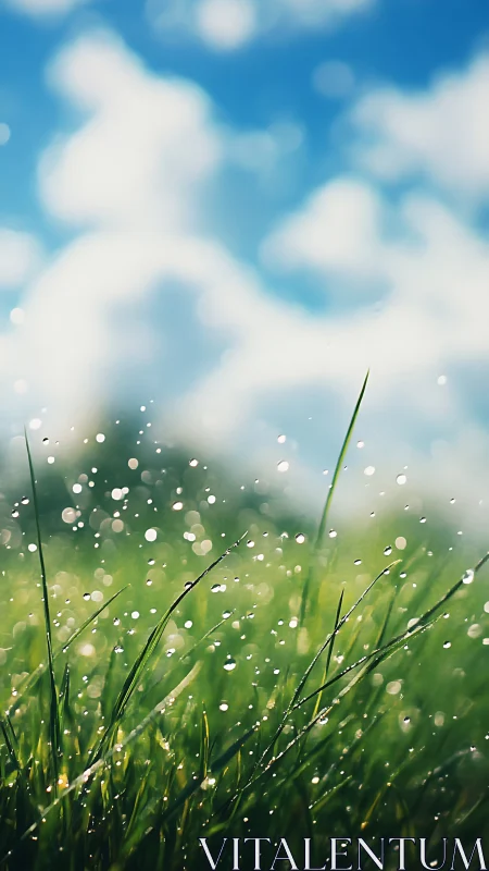 Sunlit dewdrops sparkle across fresh spring grass at dawn