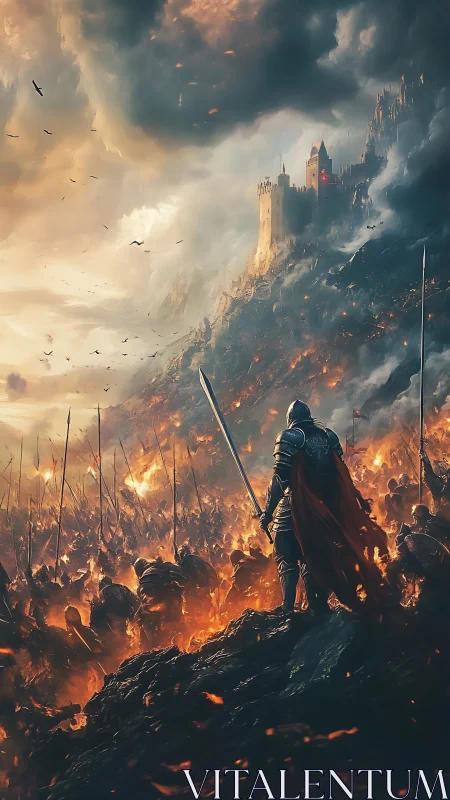 Lone armored knight overseeing fiery siege of distant citadel.