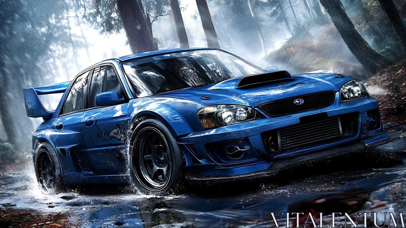 Blue rally car powers through wet forest track at speed.