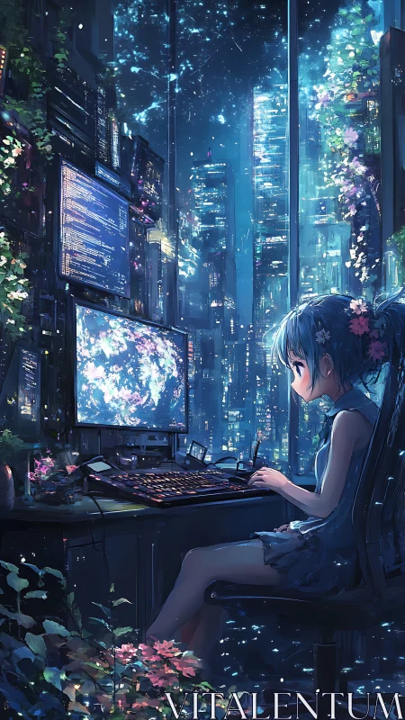 Midnight coder blooms in a neon garden of glass towers.