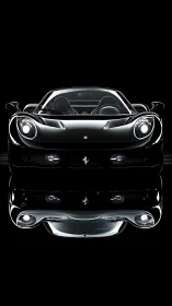 Black sports car front view with reflective mirror surface.