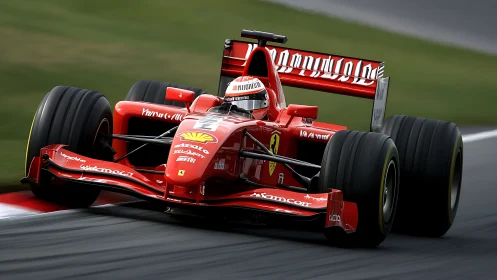 High-downforce red Formula car under lateral load in apex cornering.