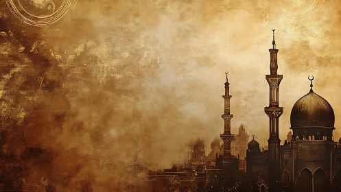 Islamic skyline silhouette stands against textured sepia sky