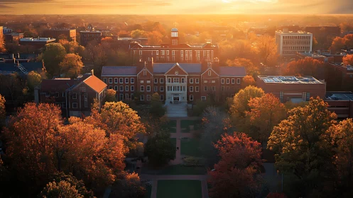 Photorealistic collegiate quad at sunrise with axial symmetry.
