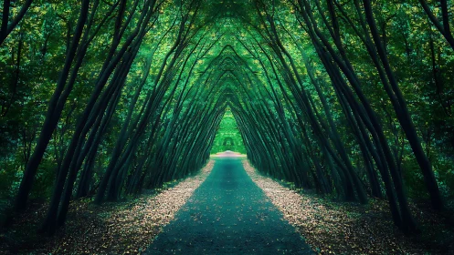 Converging tree tunnel stretches toward luminous distant horizon