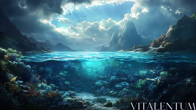 Split ocean scene shows vivid coral reef beneath stormy sky