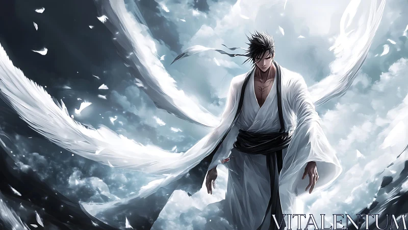 Dynamic anime warrior in storm-swept celestial composition.