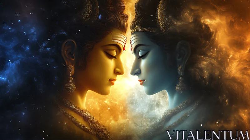 Divine dual portrait uniting fire, water, light, and cosmos.