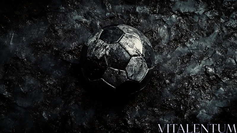 Worn black football rests on wet textured asphalt ground.