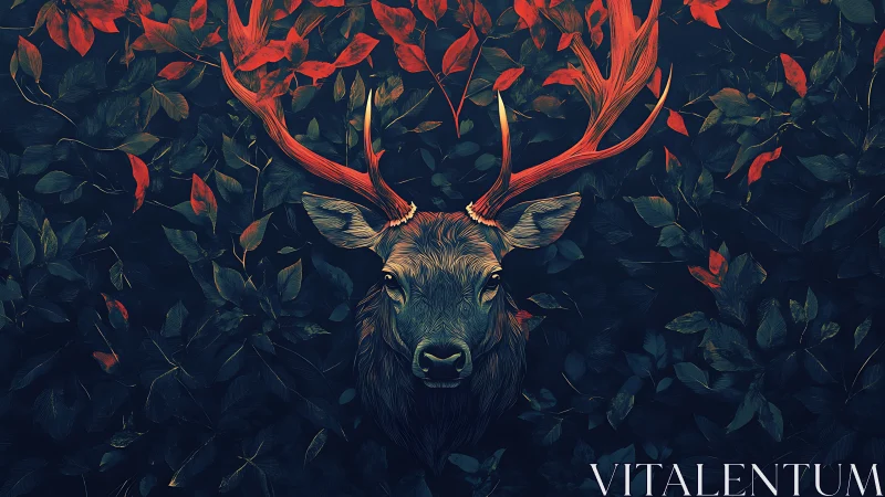 Deer head with red antlers is centered in stylized foliage
