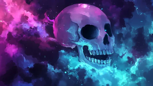 Neon cosmic skull drifting through radiant nebula clouds.