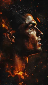 Incandescent male profile portrait engulfed in swirling fire glow