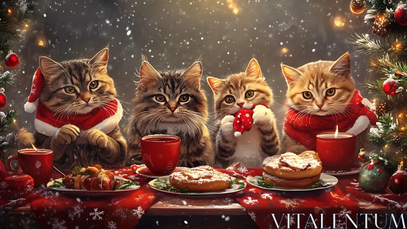 Four Festive Cats Celebrate Christmas Dinner Together.