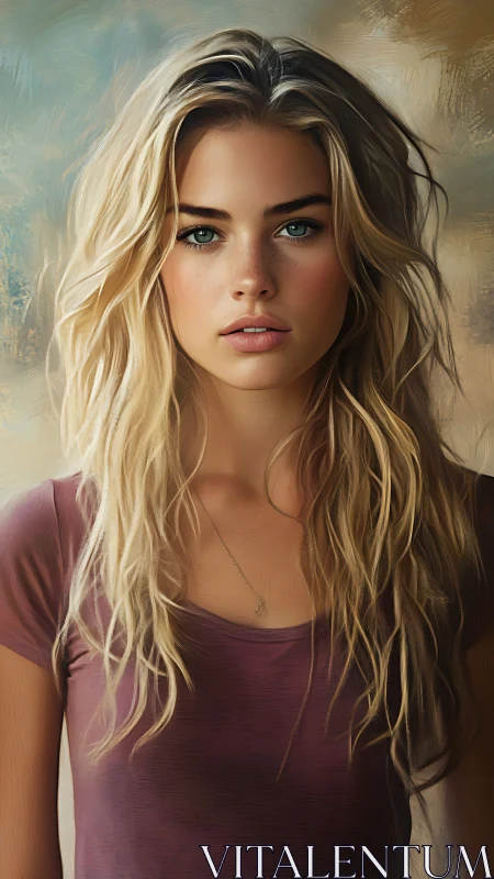 Blonde woman in soft painterly portrait gazes ahead calmly.