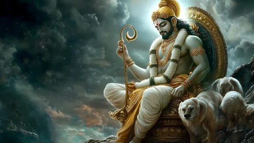 Divine regal figure seated with celestial hounds in stormlight