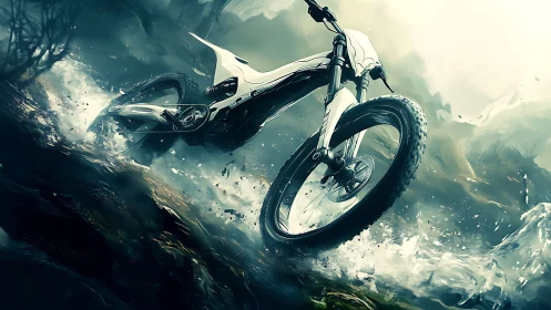 Digital rendering shows a mountain bike traversing wet terrain