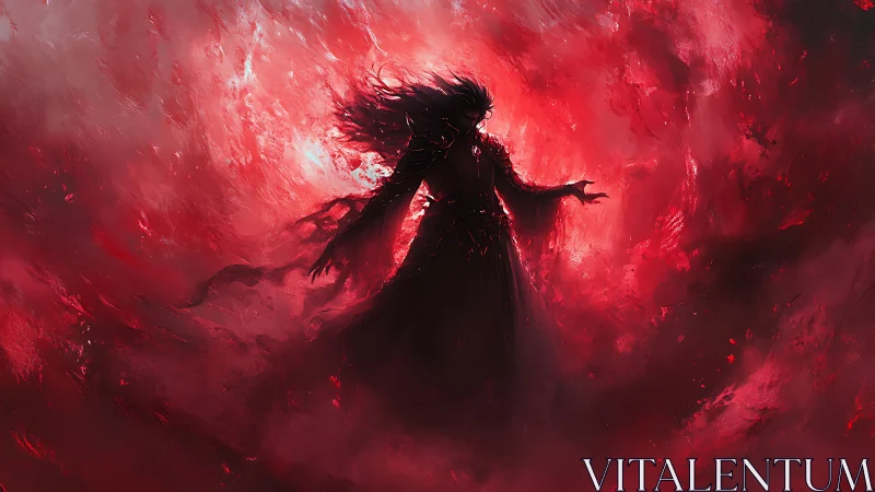 Shadowed sorcerer rising inside a swirling crimson storm.