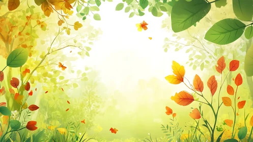 Sunlit forest clearing frames vibrant foliage in soft gradients