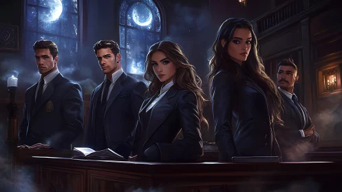 Academic tribunal of suited students under moonlit gothic windows