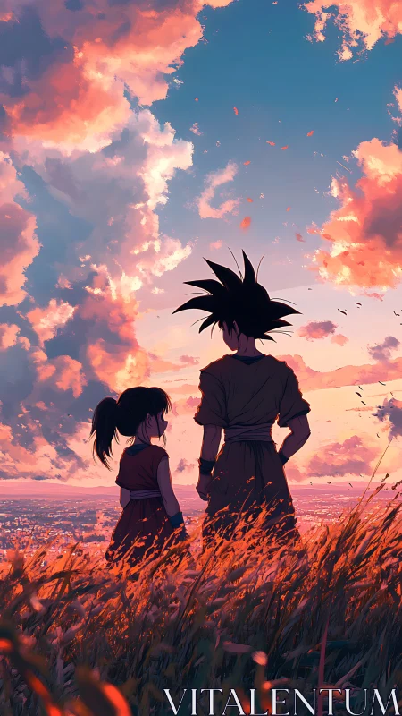 Anime sunset field tableau with backlit character silhouettes.