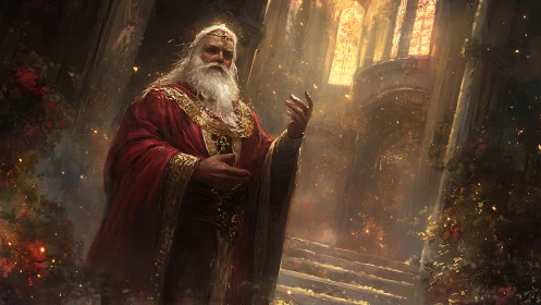 Regal elder mage raises hand within sunlit cathedral hall.