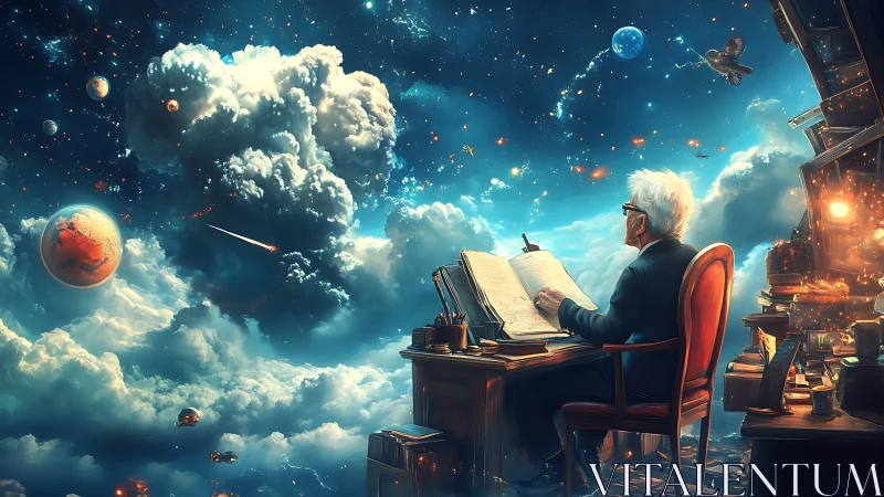 Elderly writer maps a dreamlike cosmos from his desk.