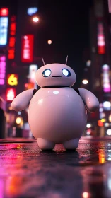 Cute service robot in neon soaked futuristic city street.