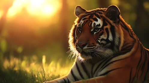 Majestic tiger rests in golden forest dusk light