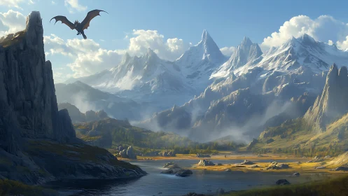 Dragon silhouette over expansive alpine valley landscape.