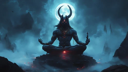 Lunar horned deity meditating in glowing volcanic mist.