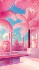 Pink tropical pool terrace with stylized palm trees.